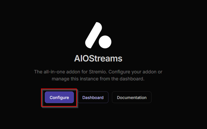 AIOStreams home page with Configure highlighted