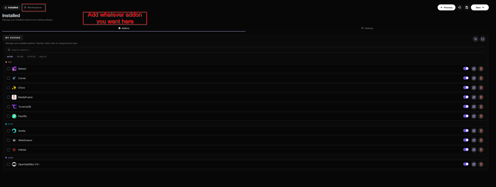 AIOStreams Installed page with Marketplace highlighted