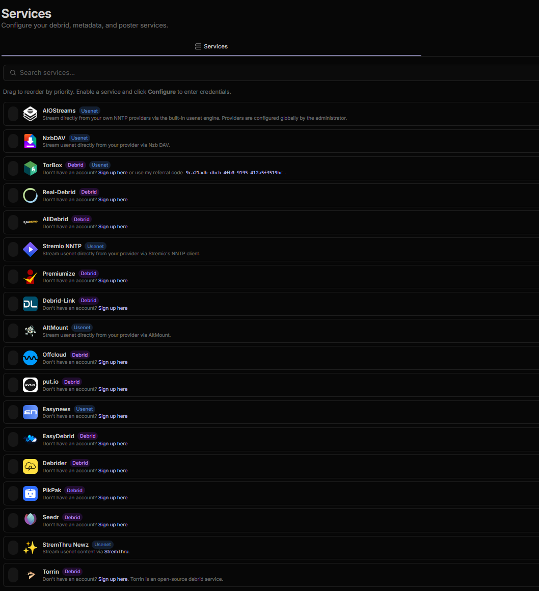 AIOStreams Services page showing supported Usenet and debrid providers