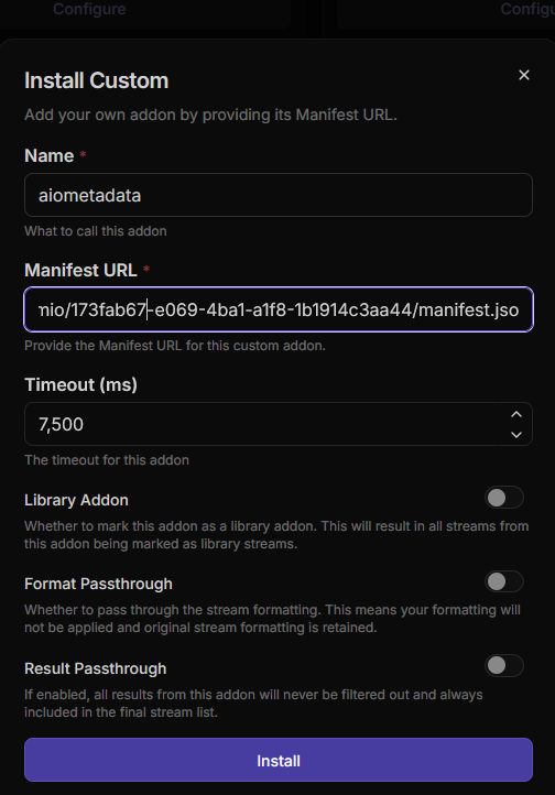 AIOStreams Install Custom dialog configured for AIOMetadata