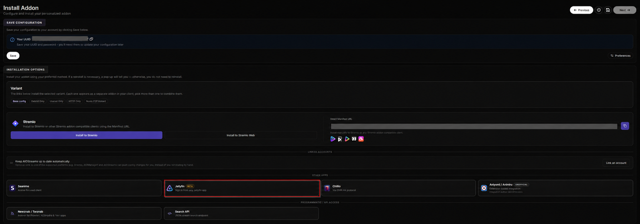 AIOStreams Save and Install page with the Jellyfin card highlighted