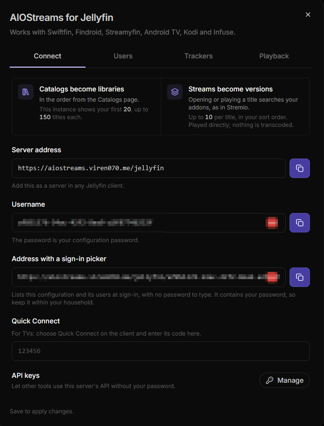 AIOStreams for Jellyfin Connect tab