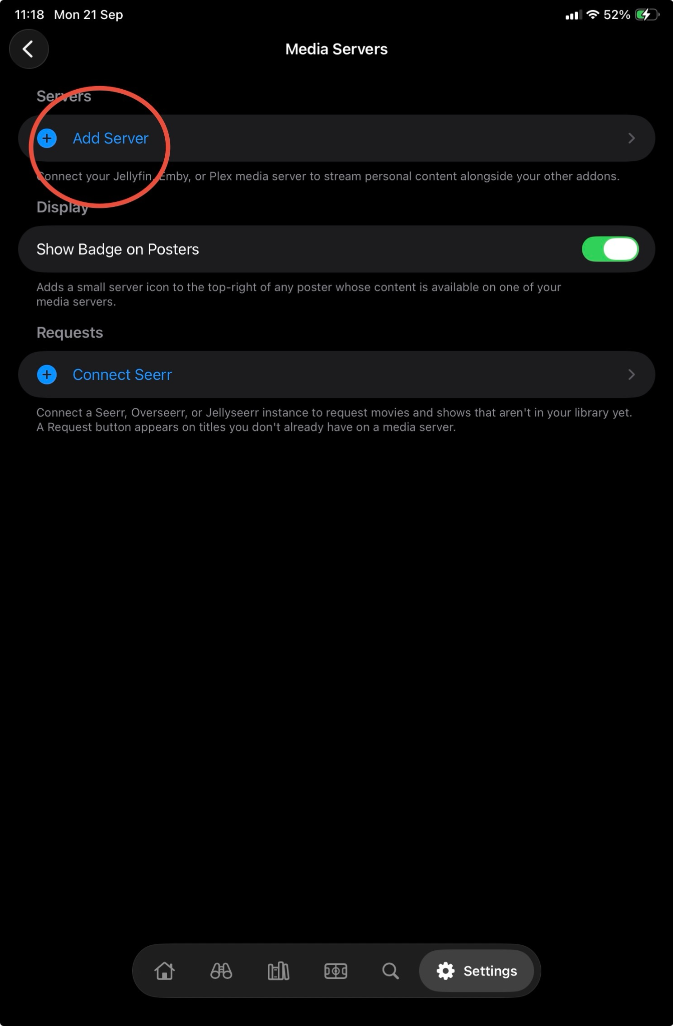 Strand Media Servers page with Add Server circled