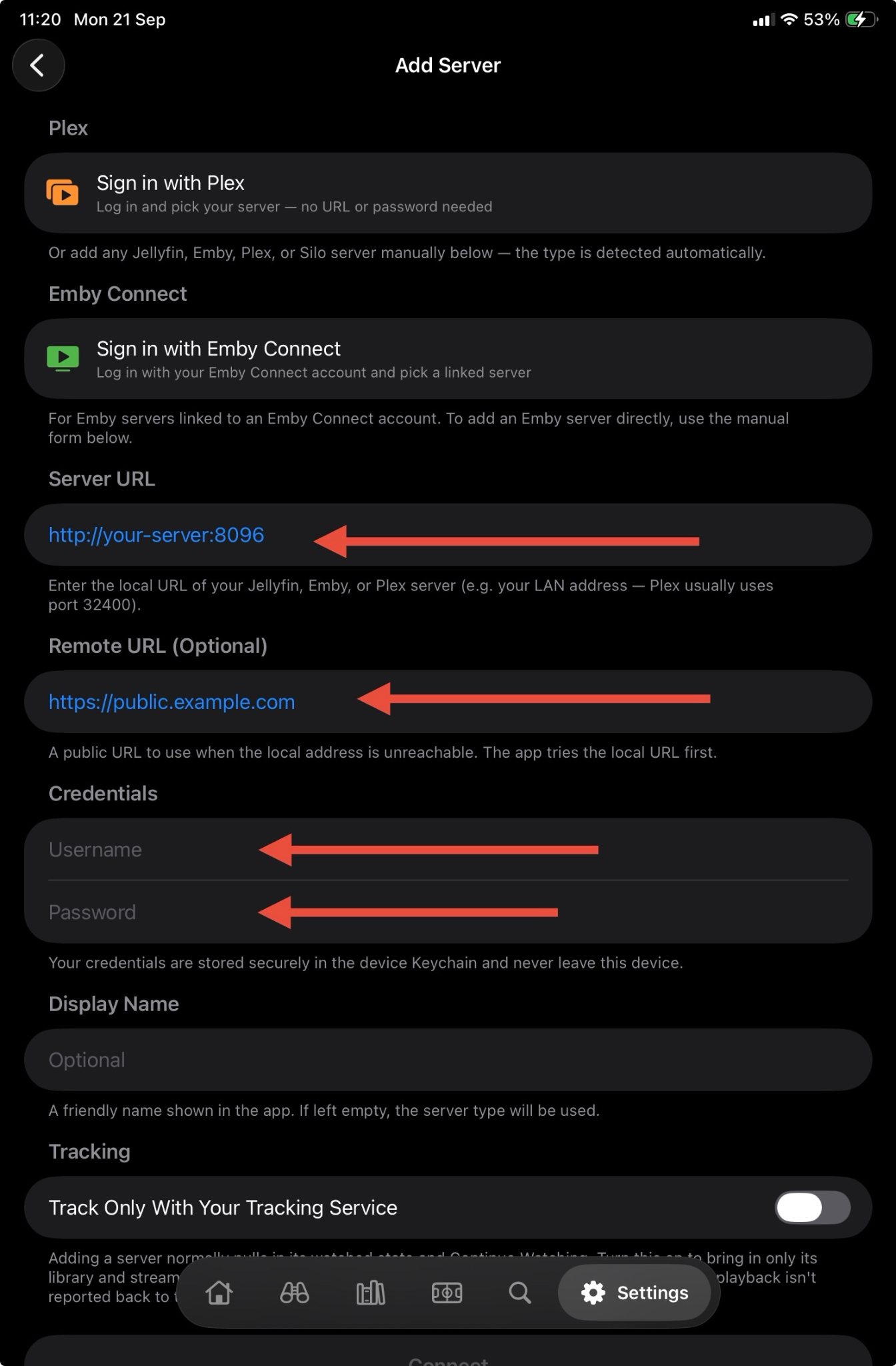 Strand Add Server manual connection form